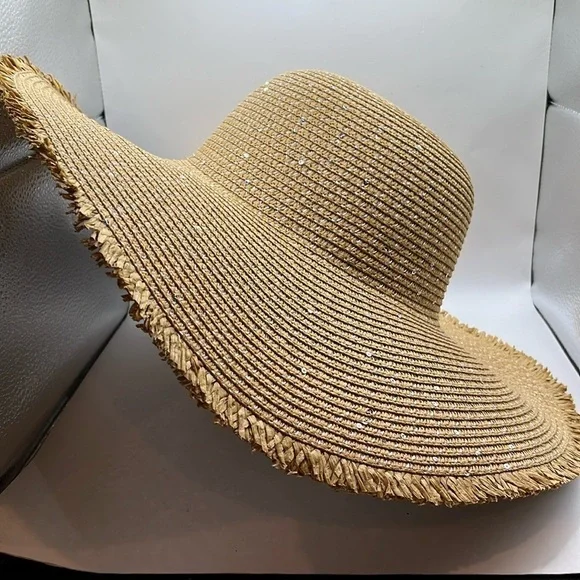 David and Young Sunhat Tan with Silver Sparkling Large Brim Hat Beach Hat - Picture 1 of 11